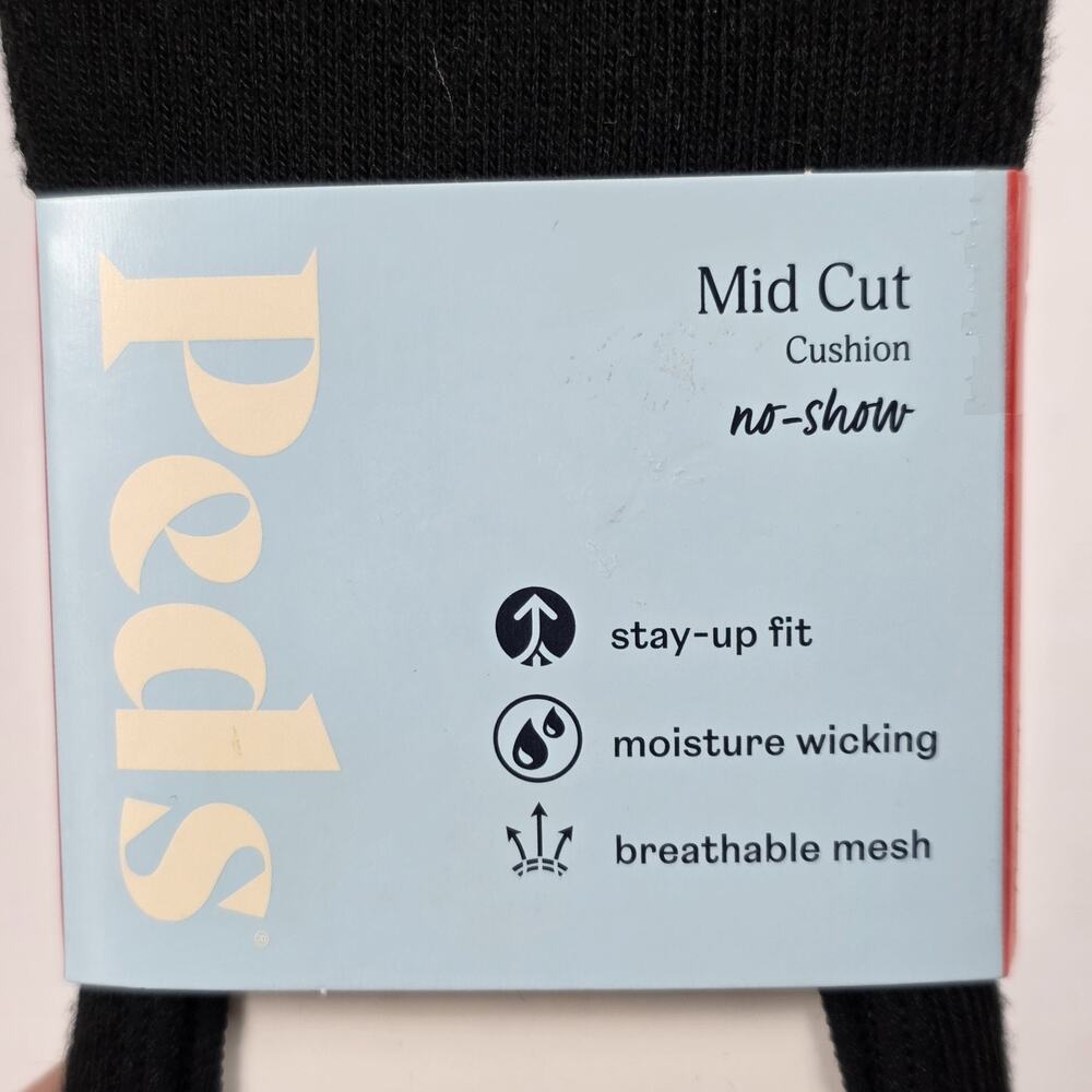 PEDS Black Size 5-10 Mid Cut Cushion No-Show Heal grip Liner Socks-2 Pack 6 pair - Picture 4 of 6